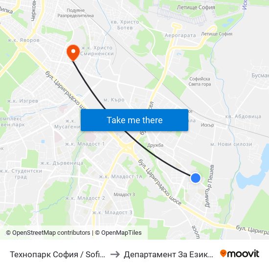 Технопарк София / Sofia Technopark (0189) to Департамент За Езиково Обучение - Ичс map
