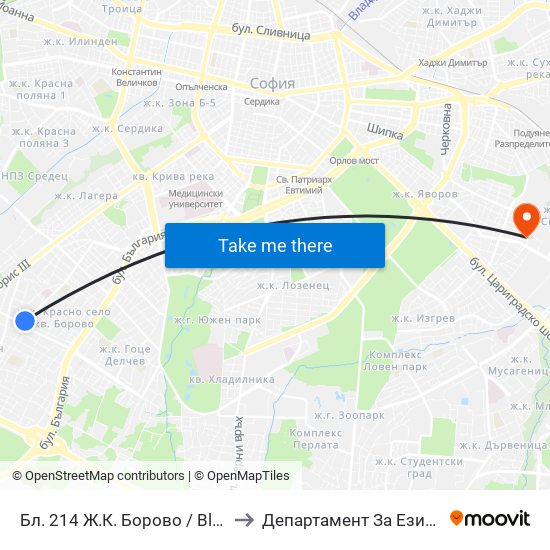 Бл. 214 Ж.К. Борово / Bl. 214, Borovo Qr. (0165) to Департамент За Езиково Обучение - Ичс map