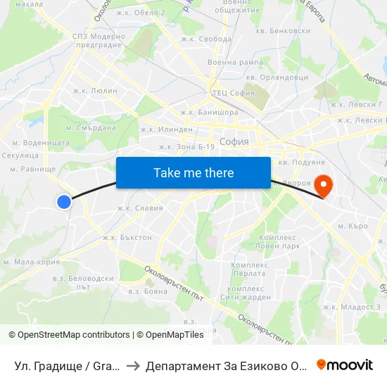 Ул. Градище / Gradishte St. to Департамент За Езиково Обучение - Ичс map