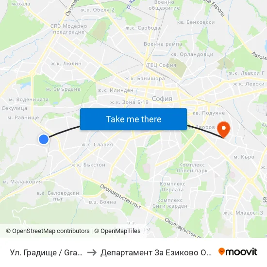 Ул. Градище / Gradishte St. to Департамент За Езиково Обучение - Ичс map