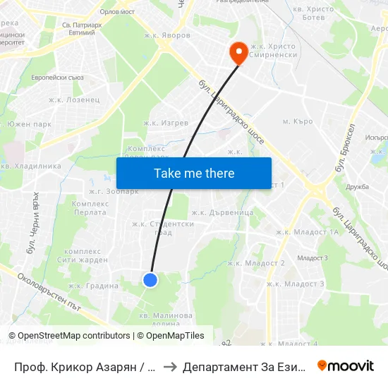 Проф. Крикор Азарян / Prof. Krikor Azaryan St. to Департамент За Езиково Обучение - Ичс map