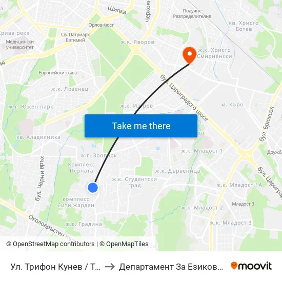 Ул. Трифон Кунев / Trifon Kunev St. to Департамент За Езиково Обучение - Ичс map