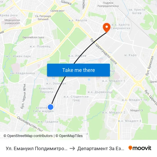 Ул. Емануил Попдимитров / Emanuil Popdimitrov St. to Департамент За Езиково Обучение - Ичс map