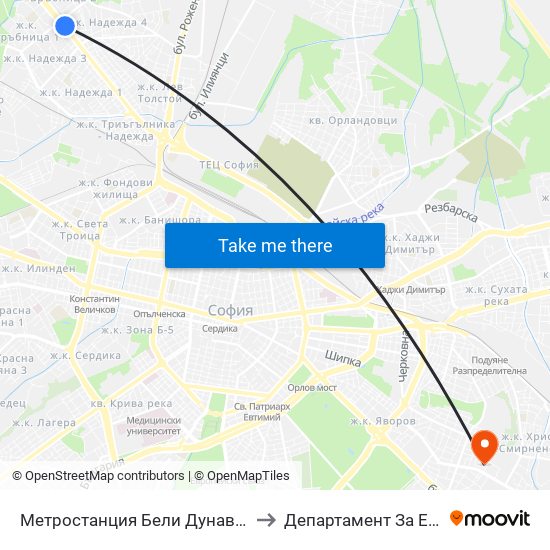 Метростанция Бели Дунав / Beli Dunav Metro Station (6708) to Департамент За Езиково Обучение - Ичс map