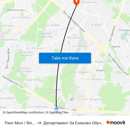 Ринг Мол / Ring Mall to Департамент За Езиково Обучение - Ичс map