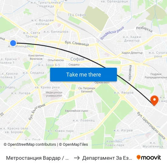 Ⓜ️ Метростанция Вардар / Vardar Metro Station (6453) to Департамент За Езиково Обучение - Ичс map