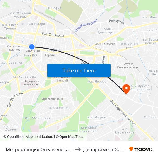 Метростанция Опълченска / Opalchenska Metro Station (6407) to Департамент За Езиково Обучение - Ичс map