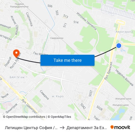 Летищен Център София / Sofia Airport Center (2797) to Департамент За Езиково Обучение - Ичс map