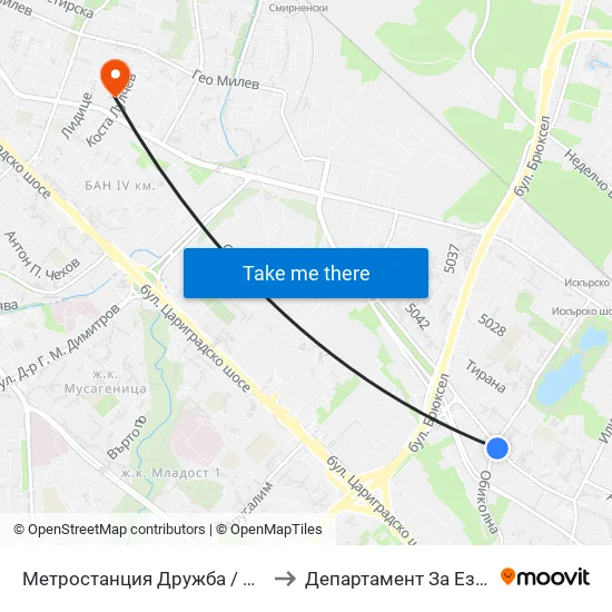 Ⓜ️ Метростанция Дружба / Druzhba Metro Station (0235) to Департамент За Езиково Обучение - Ичс map