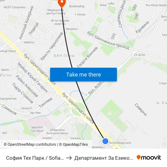 София Тех Парк / Sofia Tech Park (0579) to Департамент За Езиково Обучение - Ичс map