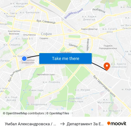 Умбал Александровска / Aleksandrovska Hospital (1035) to Департамент За Езиково Обучение - Ичс map