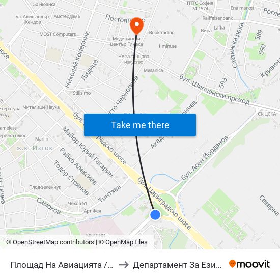 Площад На Авиацията / Aviation Square (1257) to Департамент За Езиково Обучение - Ичс map