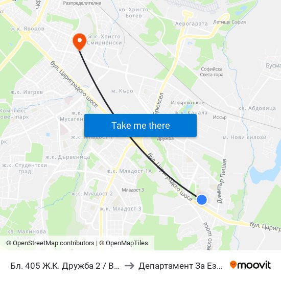 Бл. 405 Ж.К. Дружба 2 / Bl. 405, Druzhba 2 Qr. (1487) to Департамент За Езиково Обучение - Ичс map