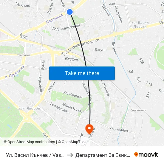 Ул. Васил Кънчев / Vasil Kanchev St. (1863) to Департамент За Езиково Обучение - Ичс map