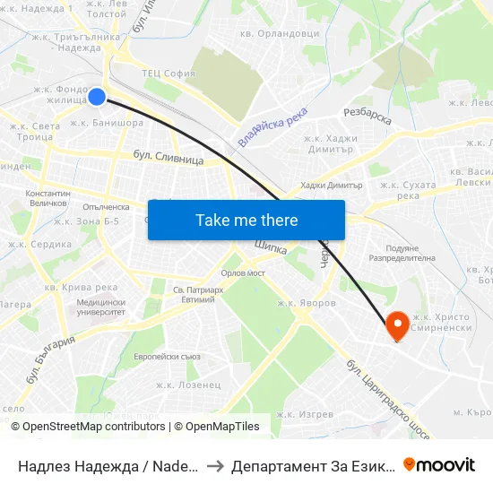 Надлез Надежда / Nadezhda Overpass (2116) to Департамент За Езиково Обучение - Ичс map
