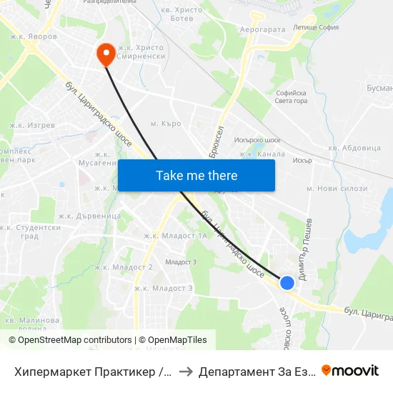 Хипермаркет Практикер / Praktiker Hypermarket (2409) to Департамент За Езиково Обучение - Ичс map