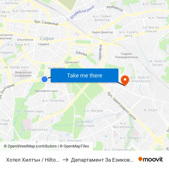 Хотел Хилтън / Hilton Hotel (0400) to Департамент За Езиково Обучение - Ичс map