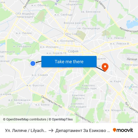 Ул. Лиляче / Lilyache St. (2032) to Департамент За Езиково Обучение - Ичс map
