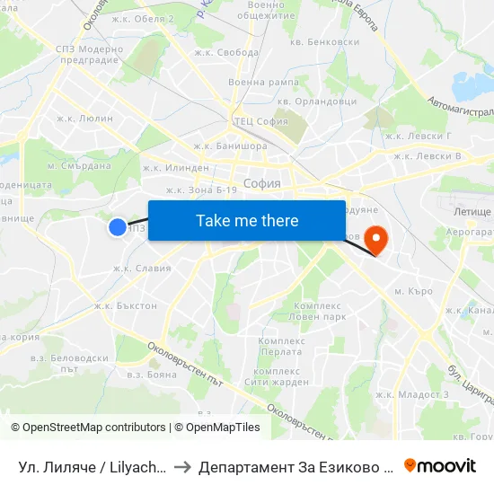 Ул. Лиляче / Lilyache St. (2032) to Департамент За Езиково Обучение - Ичс map