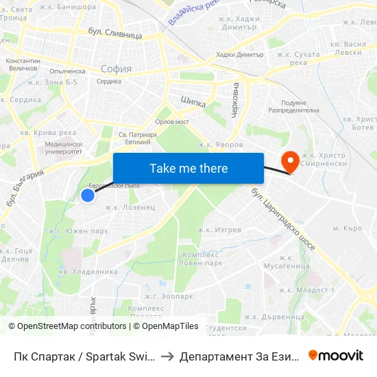 Пк Спартак / Spartak Swimming Complex (1344) to Департамент За Езиково Обучение - Ичс map