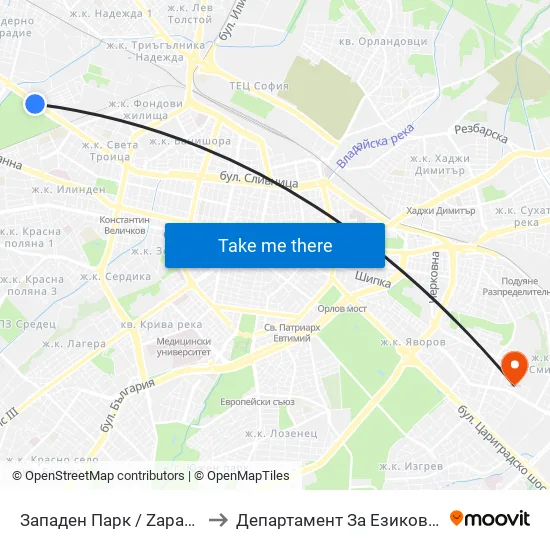 Западен Парк / Zapaden Park (1251) to Департамент За Езиково Обучение - Ичс map