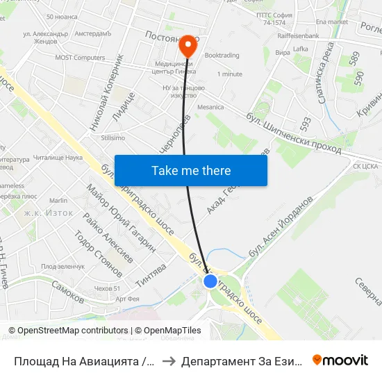 Площад На Авиацията / Aviation Square (1259) to Департамент За Езиково Обучение - Ичс map
