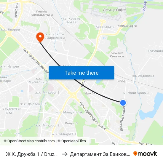 Ж.К. Дружба 1 / Druzhba 1 Qr. (2424) to Департамент За Езиково Обучение - Ичс map