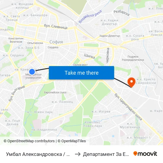 Ⓜ️ Умбал Александровска / Aleksandrovska Hospital (1034) to Департамент За Езиково Обучение - Ичс map