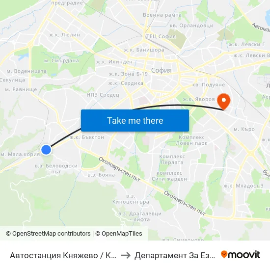 🚌 Автостанция Княжево / Knyazhevo Bus Station (6035) to Департамент За Езиково Обучение - Ичс map