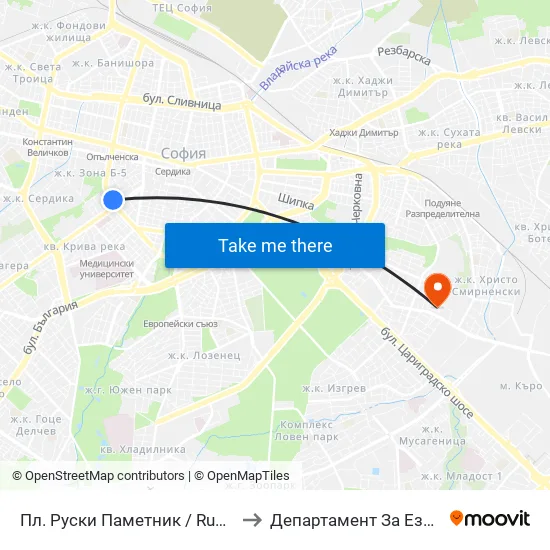 Пл. Руски Паметник / Russian Monument Sq. (1300) to Департамент За Езиково Обучение - Ичс map