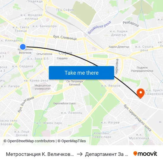 Ⓜ️ Метростанция К. Величков / K. Velichkov Metro Station (1051) to Департамент За Езиково Обучение - Ичс map