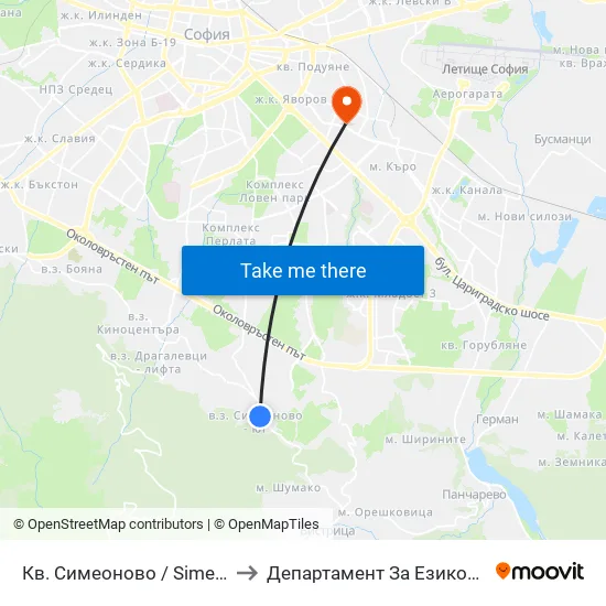 Кв. Симеоново / Simeonovo Qr. (2838) to Департамент За Езиково Обучение - Ичс map