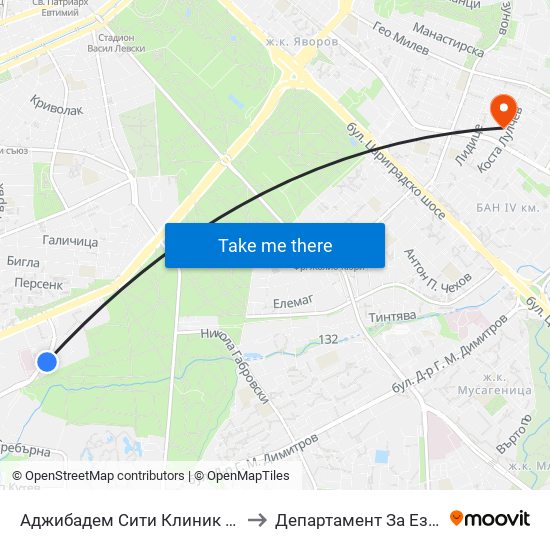 Аджибадем Сити Клиник / Acibadem City Clinic (2779) to Департамент За Езиково Обучение - Ичс map