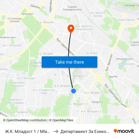 Ж.К. Младост 1 / Mladost 1 Qr. (6616) to Департамент За Езиково Обучение - Ичс map