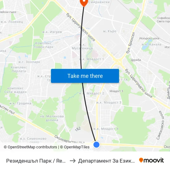 Резиденшъл Парк / Residential Park (2839) to Департамент За Езиково Обучение - Ичс map