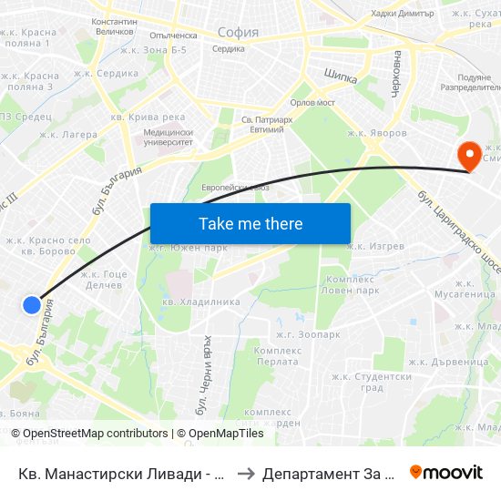 Кв. Манастирски Ливади - Запад / Manastirski Livadi - West Qr. to Департамент За Езиково Обучение - Ичс map