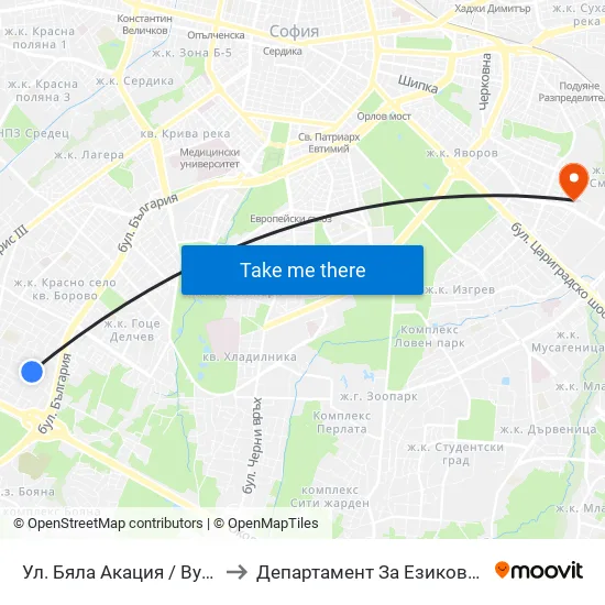 Ул. Бяла Акация / Byala Akatsiya St. to Департамент За Езиково Обучение - Ичс map