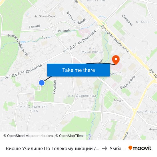 Висше Училище По Телекомуникации / University Of Telecommunications And Post (1397) to Умбал Св. Анна map