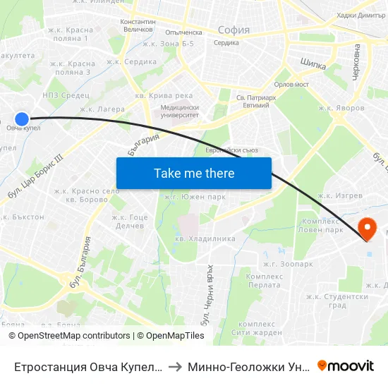 Ⓜ️ Метростанция Овча Купел / Ovcha Kupel Metro Station  (0352) to Минно-Геоложки Университет ""Св.Иван Рилски"" map