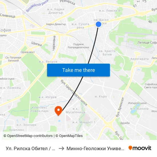 Ул. Рилска Обител / Rilska Obitel St. (2158) to Минно-Геоложки Университет ""Св.Иван Рилски"" map