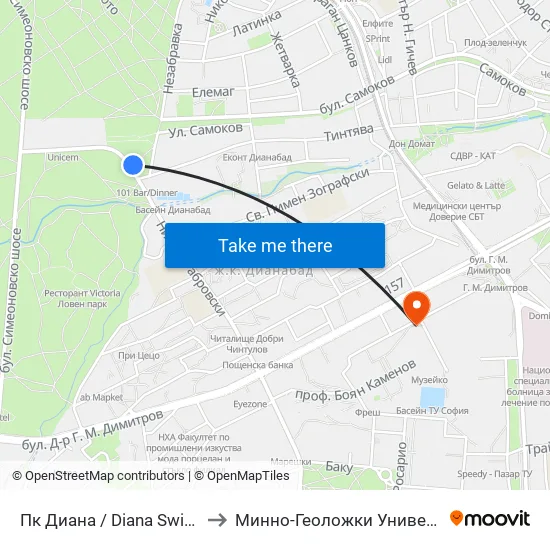 Пк Диана / Diana Swimming Complex (1342) to Минно-Геоложки Университет ""Св.Иван Рилски"" map