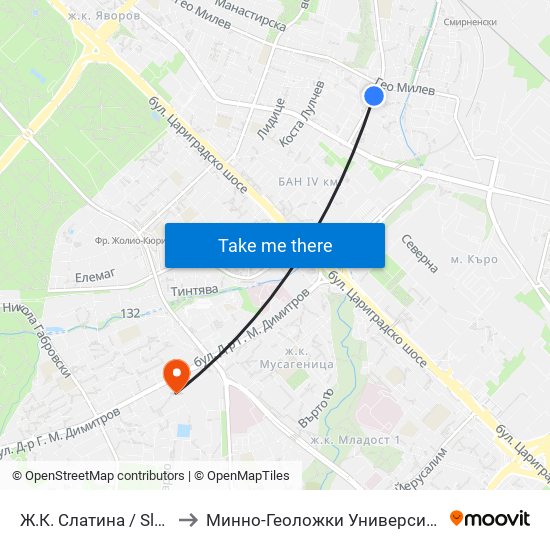 Ж.К. Слатина / Slatina Qr. (0687) to Минно-Геоложки Университет ""Св.Иван Рилски"" map