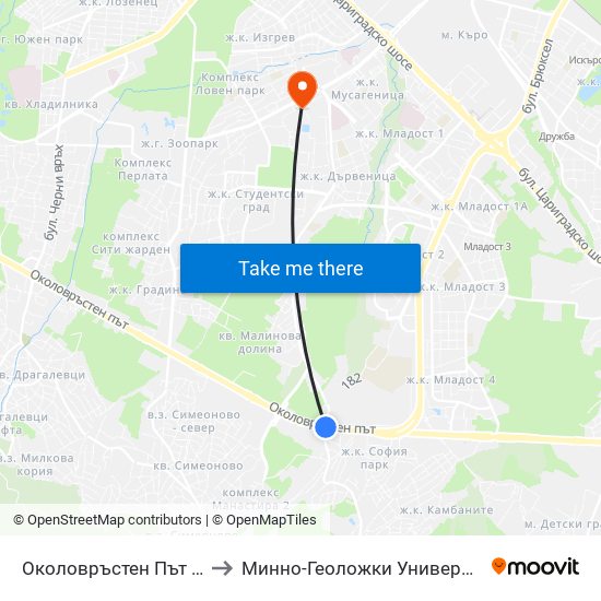 Околовръстен Път / Ring Road (0414) to Минно-Геоложки Университет ""Св.Иван Рилски"" map
