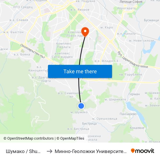 Шумако / Shumako (2377) to Минно-Геоложки Университет ""Св.Иван Рилски"" map