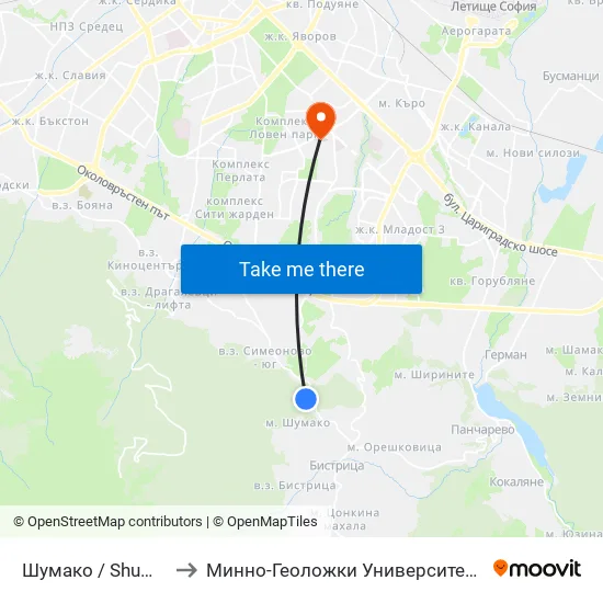 Шумако / Shumako (2377) to Минно-Геоложки Университет ""Св.Иван Рилски"" map