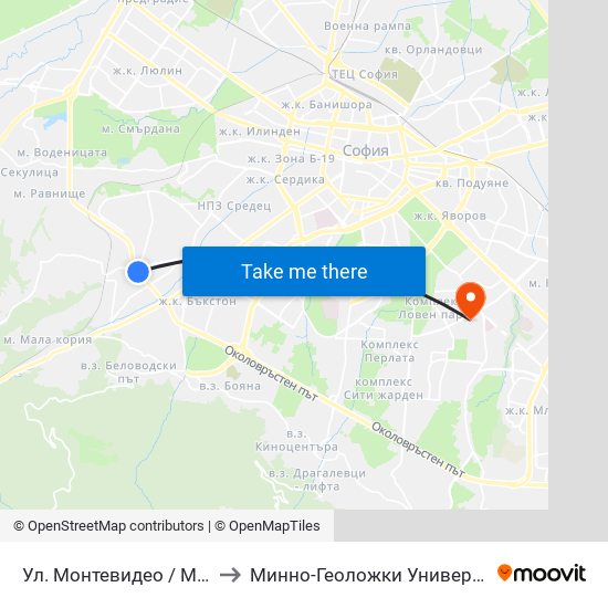 Ул. Монтевидео / Montevideo St. (2049) to Минно-Геоложки Университет ""Св.Иван Рилски"" map