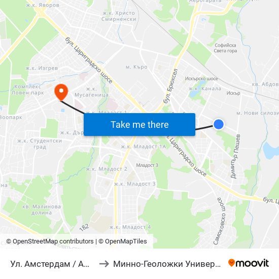Ул. Амстердам / Amsterdam St. (2587) to Минно-Геоложки Университет ""Св.Иван Рилски"" map
