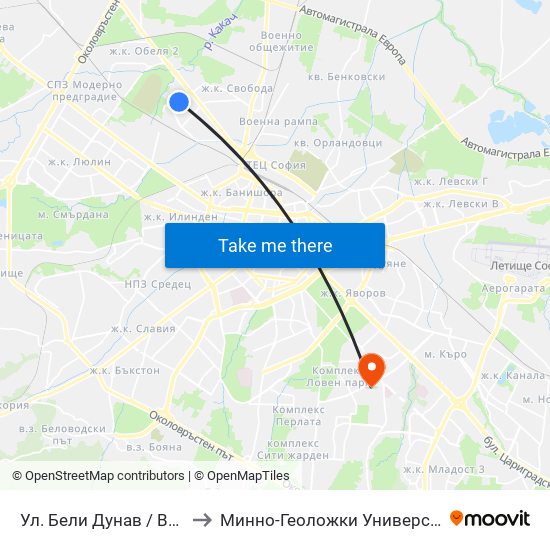 Ул. Бели Дунав / Beli Dunav St. (1838) to Минно-Геоложки Университет ""Св.Иван Рилски"" map