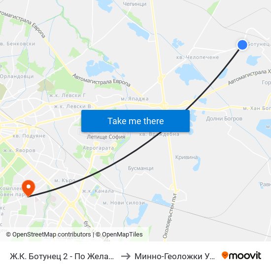 Ж.К. Ботунец 2 - По Желание / Botunets 2 Qr. - on Demand (0585) to Минно-Геоложки Университет ""Св.Иван Рилски"" map