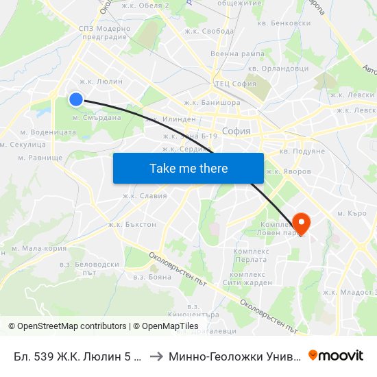 Бл. 539 Ж.К. Люлин 5 / Bl. 539, Lyulin 5 Qr. (2398) to Минно-Геоложки Университет ""Св.Иван Рилски"" map